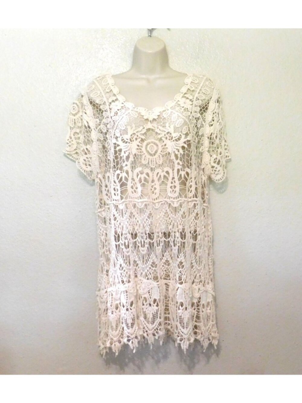 Crochet Lace Tunic Top Womens XL Cream Short Sleeves Boho Style - Picture 6 of 8